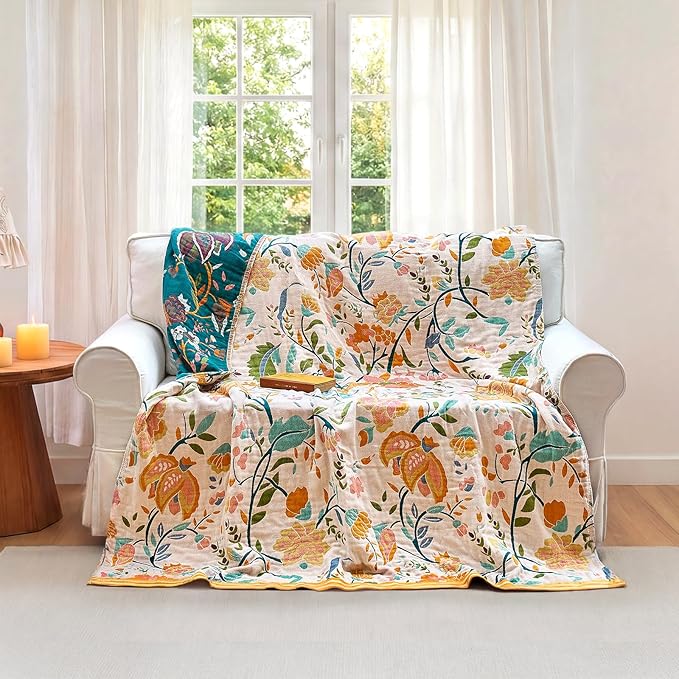 Boho Throw Blanket - 60"x80" 100% Cotton Ultra Soft Lightweight Blanket, 4-Layer Breathable Muslin Spring Blankets for Bed Couch, Reversible Green Floral Printed Bohemian Cotton Quilt