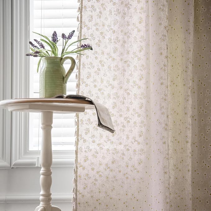 OYX Boho Floral Curtains 63 Inch, Farmhouse Country Flower Drapes with Tassels, Light Filtering Semi Sheer Curtains for Living Room Bedroom Laundry, 2 Panels, 52" W Each