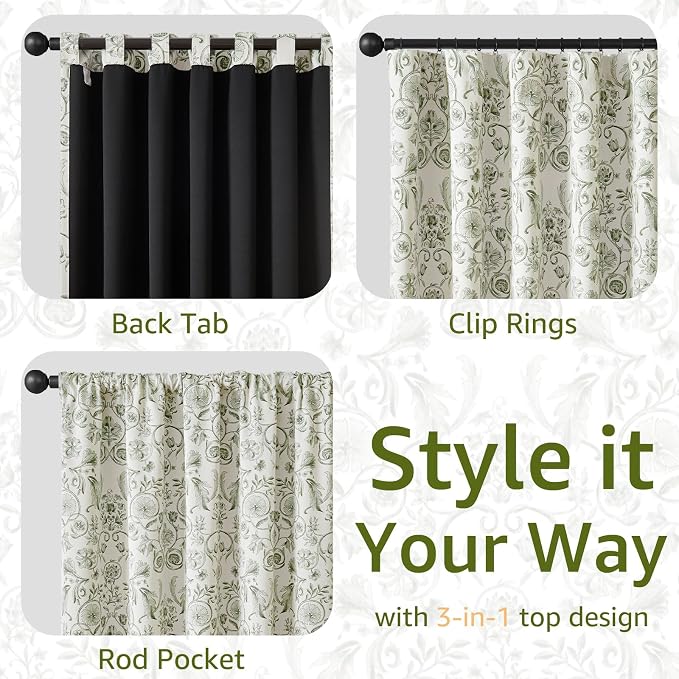 jinchan Floral Blackout Curtains for Bedroom Living Room 63 Inch Length Farmhouse Curtains Room Darkening Vintage Short Drapes Traditional Rod Pocket Window Treatment 2 Panels Set Sage Green on Beige