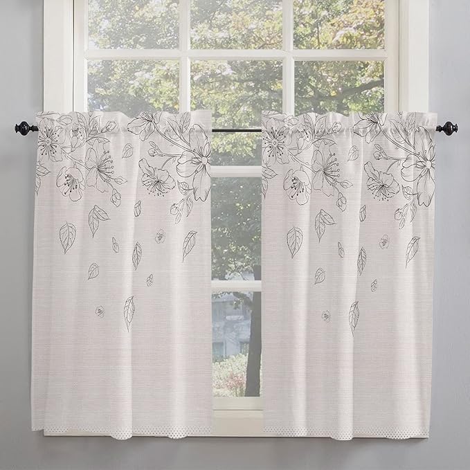 Kitchen Tier Curtains 54 inches Long, Flowers Leaves and Polka Dot Texture on Cotton Linen Window Curtains for Living Room Bath,Rod Pocket Light Filter Drapes Half Window Treatment Tiers 2 Panels
