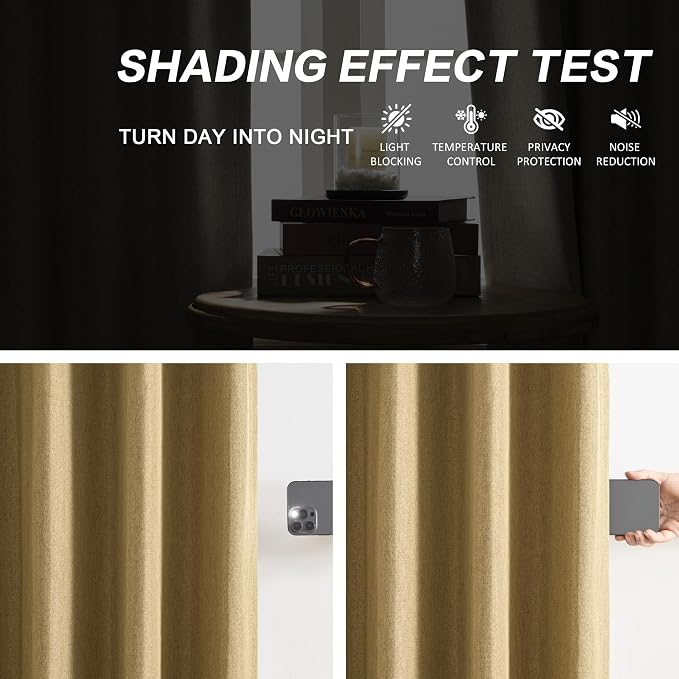 DUALIFE Gold Tan Pinch Pleated Blackout Curtains 95 Inches Long, Back Tab with Hooks, Linen Full Black Out Thermal Insulated Track Curtain for Bedroom Living Room,50 W x 95 L, 2 Panels