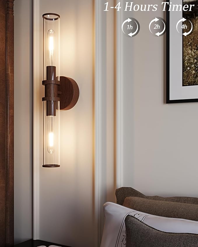 Rayogale Walnut Wireless Battery Operated Wall Sconces with Remote Control | Glass Rechargeable Wall Lights Set of 2 with Timer Function Dimmable for Living Room Bedroom Emergency 3000K, 20.5 Inch