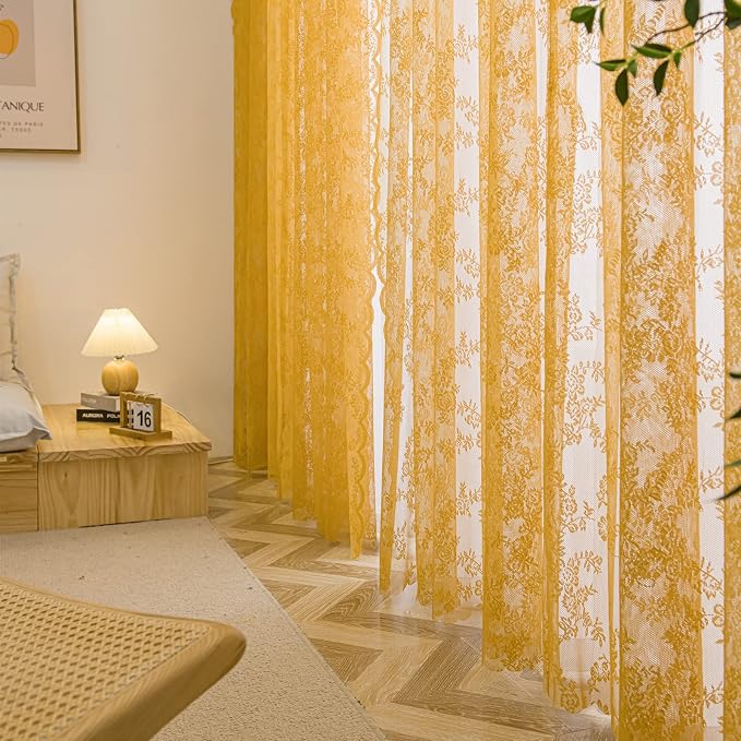 Sutuo Home Gold Lace Curtains Set of 2, Sheer Panels 63 Inch Length Floral Embroidery Vintage Voile Window Treatment Pair for Bedroom Living Room Kitchen, Shabby Chic Decor Rod Pocket, W57 x L63