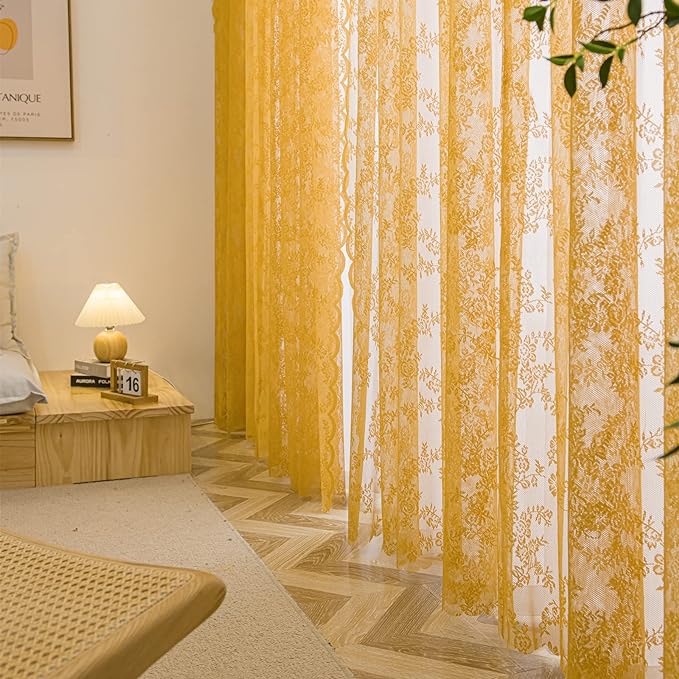 Sutuo Home Gold Lace Curtains Set of 2, Sheer Panels 72 Inch Length Floral Embroidery Vintage Voile Window Treatment Pair for Bedroom Living Room Kitchen, Shabby Chic Decor Rod Pocket, W57 x L72