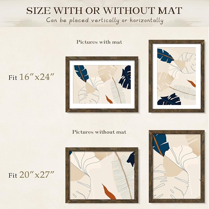 Picrit 20x27 Picture Frame 3 Pack, Wooden Brown Rustic Puzzle Frame, Display Poster 16 x 24 with Mat or 20 x 27 without Mat for Horizontal or Vertical Wall Mounting