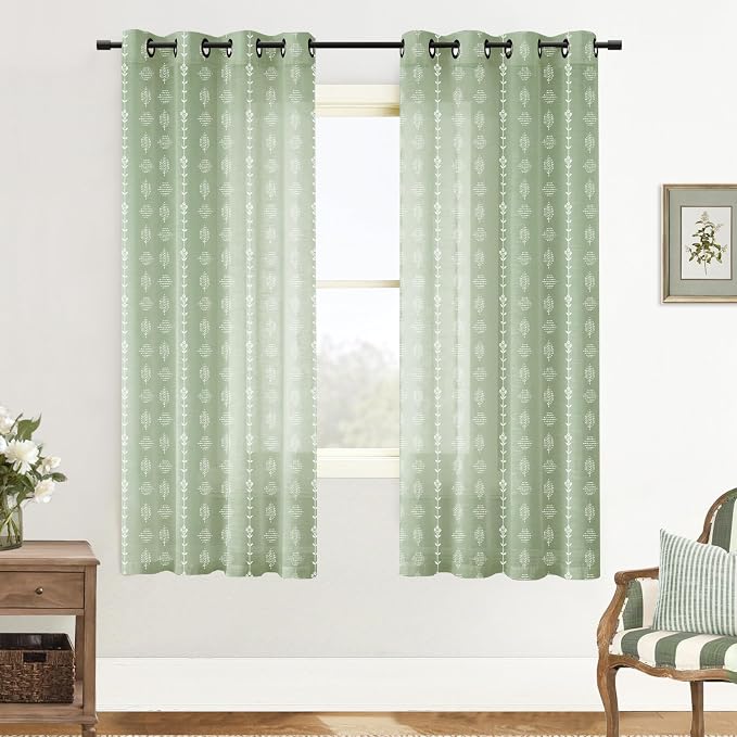 Sage Green Floral Linen Sheer Curtains 72 Inches Long, Boho Gingham Plaid Look Pattern Grommet Drapes for Living Room Bedroom 2 Panels Set