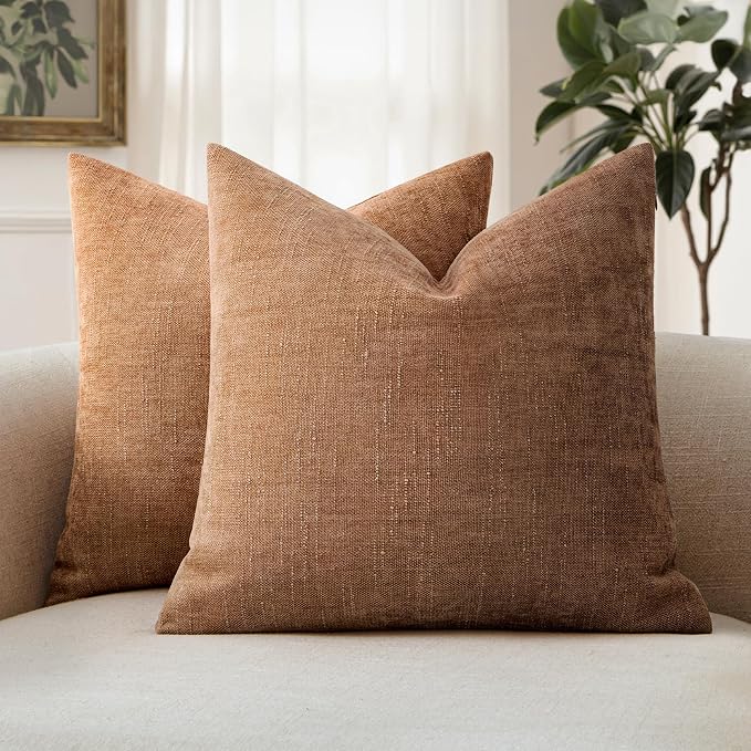 MIULEE Pack of 2 Decorative Throw Pillow Covers Soft Chenille Throw Pillows Solid Textured Euro Cushion Covers for Couch Sofa Bedroom Living Room 22x22 Inch, Brown
