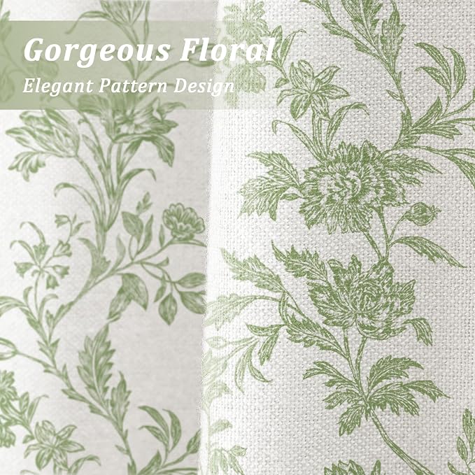 Sage Green Floral 100% Blackout Curtains for Bedroom 84 Inch Length 2 Panels Set, Farmhouse Curtains for Living Room