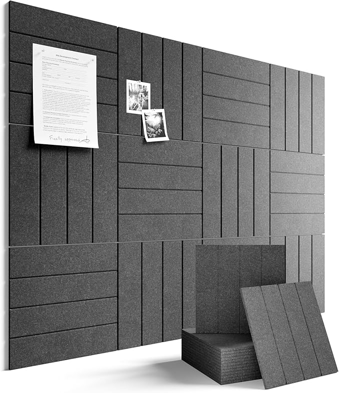 Fluxynara Felt Bulletin Board Tiles Large 48"x36"Cork Board Alternative-12 Pack with 64 Adhesive Tabs, Thick Slat Wall Panels for Office Decor, Push Pin Board Wall Organizer Alternative-Charcoal Gray