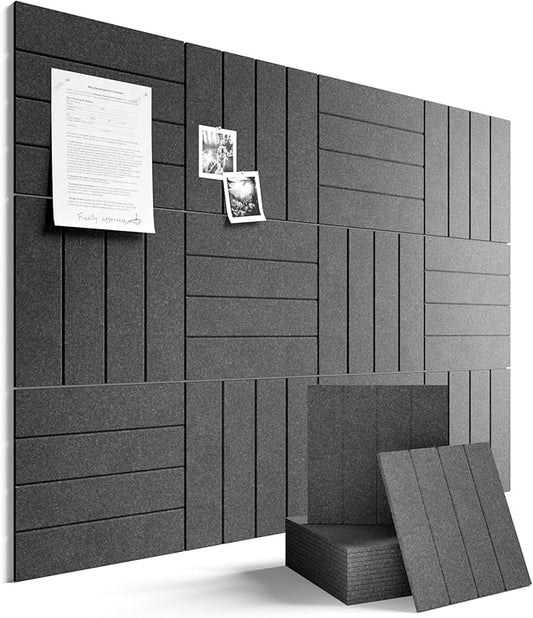 Fluxynara Felt Bulletin Board Tiles Large 48"x36"Cork Board Alternative-12 Pack with 64 Adhesive Tabs, Thick Slat Wall Panels for Office Decor, Push Pin Board Wall Organizer Alternative-Charcoal Gray