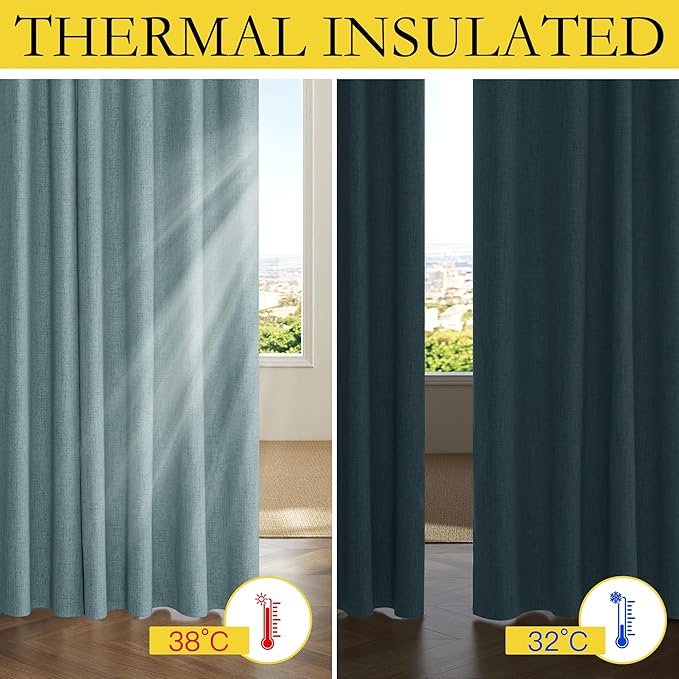 NICETOWN 2 Panels Skylark Blue Linen 100% Blackout Curtains, 42 x 63 Inch, Rod Pocket Style, Thermal Insulated & Noise Reducing Drapes for Living Room, Bedroom, Nursery, Modern & Simple Design