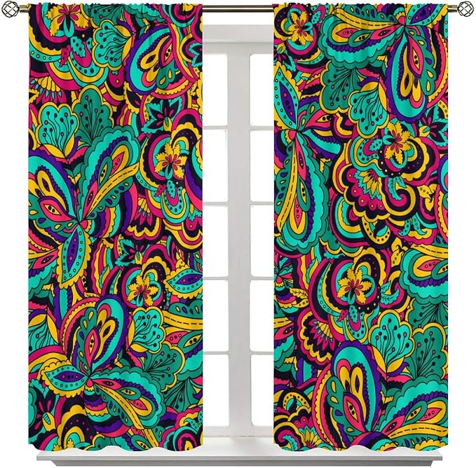 Bohemian Dream Curtains, Colorful Paisley Floral Pattern, Blackout and Soundproof Curtains for Bedrooms, Living Rooms, and Kitchens72X63 Inch