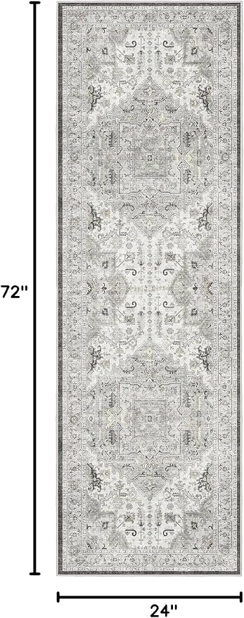 Madane Washable Runner Rug 2x6 Runners for Hallways Non Slip, Ivory/Brown | Vintage Stain-Resistant 6 Feet Kitchen Rug, Soft Low-Pile Ultra-Thin Floor Carpet Mat for Bathroom Laundry Room Bedroom 2x6ft