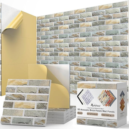 24Pack Acoustic Panels, Self-Adhesive Brick Sound Proof Foam Panels for Walls, High Density Soundproof Wall Panels, Sound Absorbing Panels for Recording Studios, Offices, Home, 12"×12"×0.4", Stone