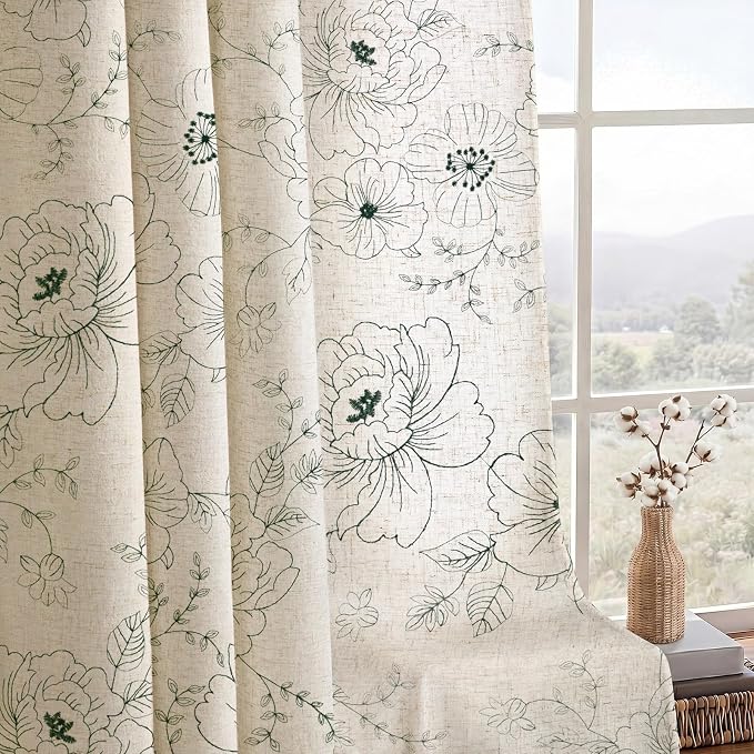 Boho Floral Curtains, Vintage Farmhouse Curtains 84 Inches Long, Green Cottage Core Flower 2 Panels