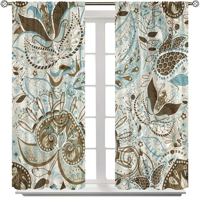 Boho Curtains, Peris Flower Print Pattern Home Window Treatments, Bedroom Living Room Kitchen Office Blackout Curtains84X84 Inch