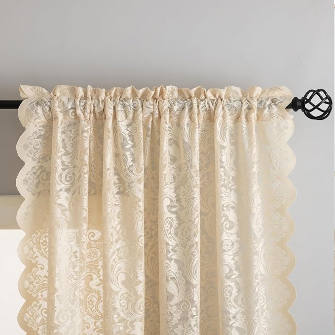 ALIGOGO Beige Curtains 108 Inches Long, Fancy Sheer Floral Lace Curtains for Living Room Bedroom, Light Filtering Rod Pocket Corchet CottageCore Window Treatments Set of 2, 52 x 108 Inch, Light Brown