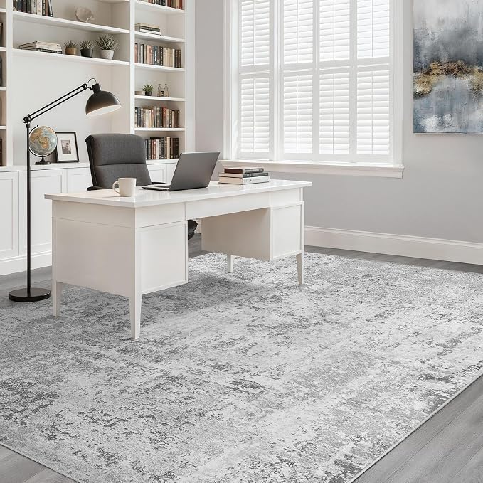7x9 Area Rug Living Room: Washable Large Neutral Rug Abstract Soft Modern Stain Resistant Indoor Floor Non-Slip Carpet for Bedroom Nursery Kids Office Playroom Dining Room Under Table- Light Gray