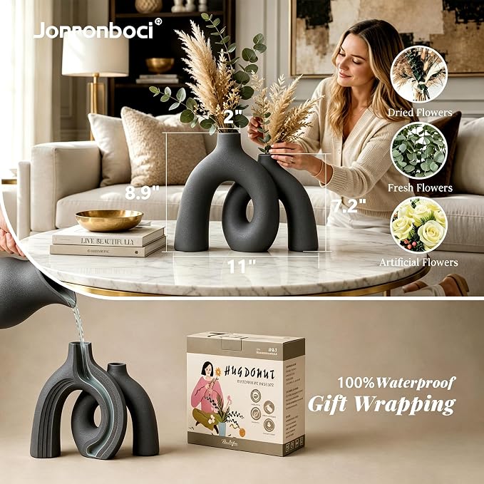 Hug Donut Decorative Vase Set - Dark Gray Modern Minimalism Industrial Style Vases Home Decor, Matte Ceramic Decorations for Living Room Shelf, Bookshelf Mantle Entryway Table or Console Décor(Gray)
