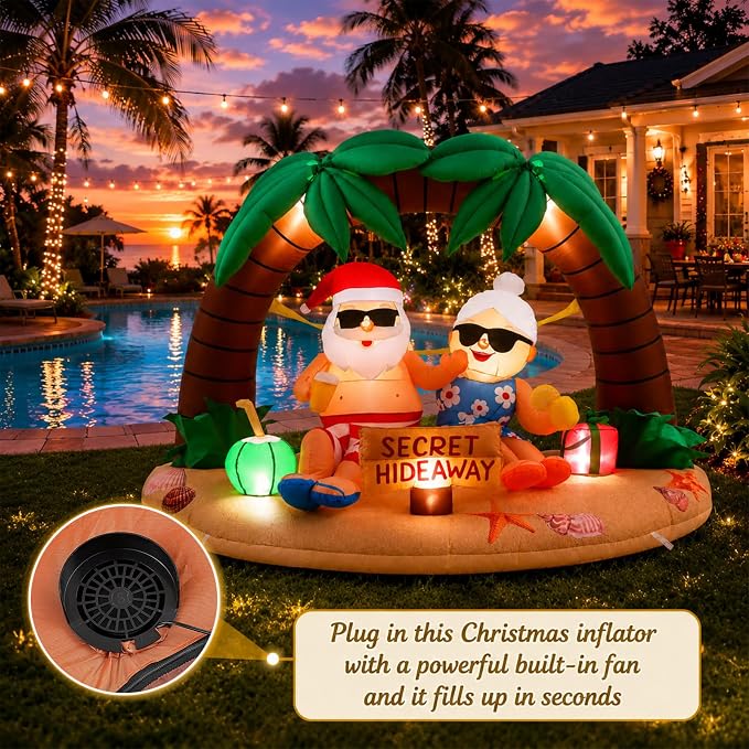 Leyndo Christmas in July Inflatable, 7 ft Christmas Inflatables Santa and Mrs. Claus Secret Ornament Built-in LED Xmas Blow up Yard Decorations for Island Holiday Beach Party Supplies