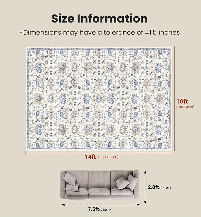 AMADA HOMEFURNISHING 10x14 Washable Area Rug, Low-Profile Large Area Rug with Non-Slip Backing & Durable Edge Binding, Vintage Large Rugs for Living Room, Bedroom & Dining Room