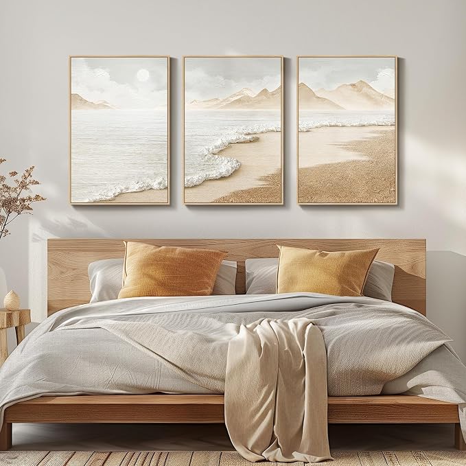 Framed Boho Coastal Beach Wall Art for Living Room, Large Neutral Abstract Coastal Canvas Artwork for Walls, 3 Piece Minimalist Ocean Picture Print for Bedroom Kitchen Wall Decor, Total Size 30x60 In