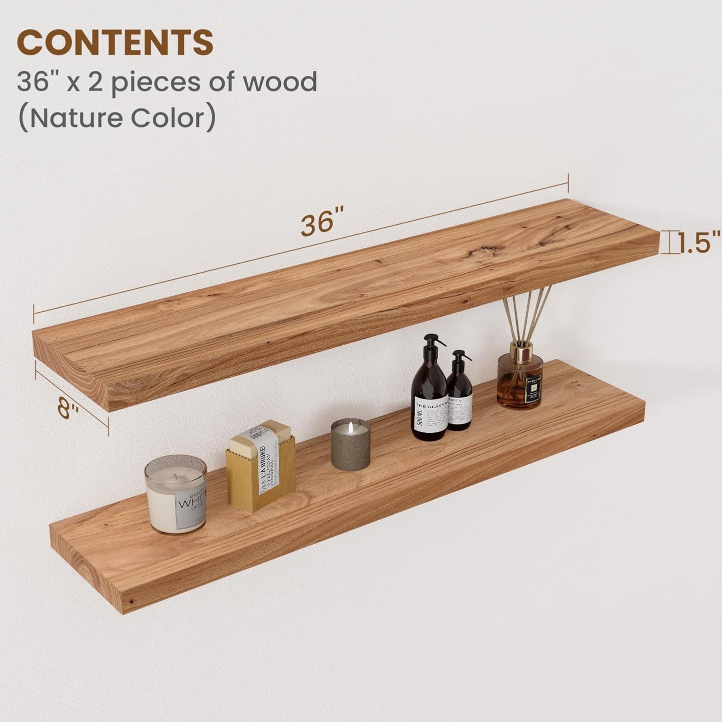 Floating Shelves for Wall Decor, 8" Deep Rustic Solid Elm Wood Floating Shelves Wall Mounted, Wall Shelves with Invisible Bracket for Living Room Bathroom Bedroom Kitchen, 36 Inch Set of 2, Natural