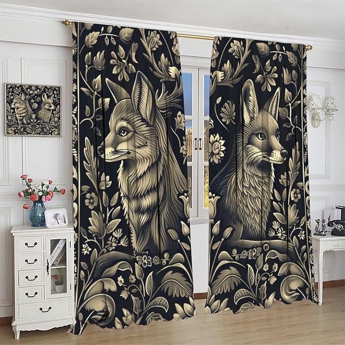 Vintage William Morris Blackout Curtains, Rustic Forest Abstract Country Fox Flower Window Drapes, for Bedroom Living Room 84" W X 84" L
