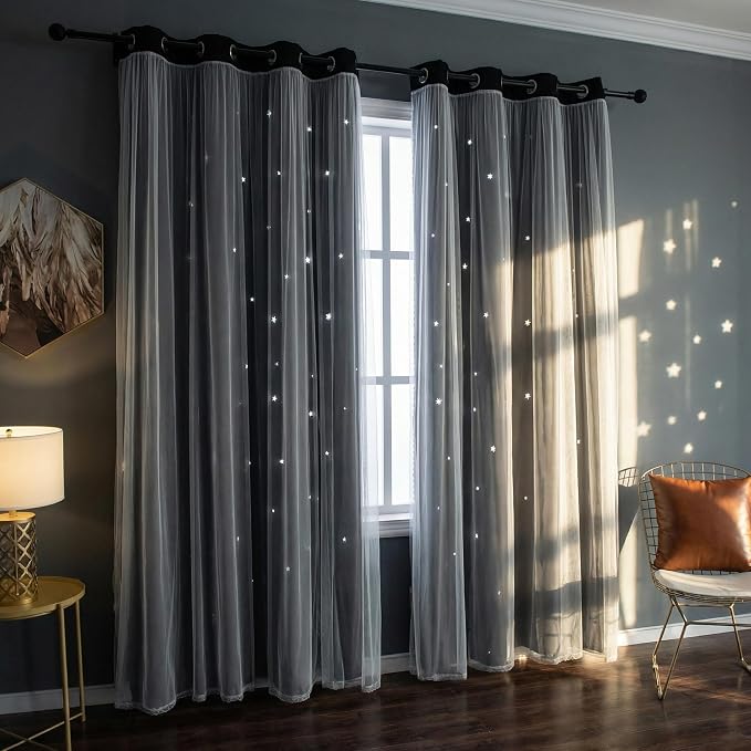 Grey Star Curtains for Bedroom Star Hollow Out Blackout Curtains for Kids Room Decor Double Layer Cut Out Window 2 Panel with Tiebacks 52W x 84L Grey