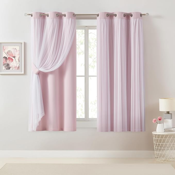 Bujasso Pink Blackout Curtains with Sheer Overlay Mix and Match Double Layer 80% Room Darkening Window Treatment Set for Girls Bedroom Living Room Pink Drapes with Tiebacks Grommet Top 37" Wx63 Lx2