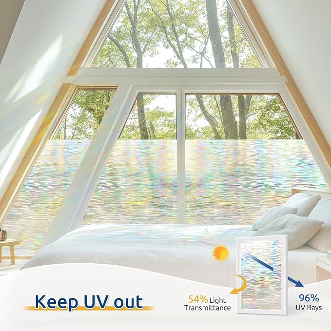 rabbitgoo Window Privacy Film, Stanied Glass Cling with Kit, 35.4" x 118.1" | 3D Rainbow Prism Effect, Static Cling, Sun Blocking Reduce Glare, Easy to Install, Decorative Glass Clings for Home Decor