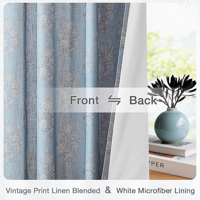 Vision Home Blue Block Print Pinch Pleated Light Filtering Curtains Panels, Linen Window Drapes with Microfiber Liner & Back Tab Hooks for Living Room Bedroom, Coastal Botanical 40x84 Inch Set of 2
