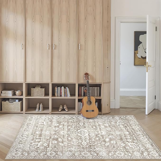 Soalmost 3x5 Area Rugs for Entryway, Washable Neutral Soft Rug Light Brown | Vintage Floral Low Pile Non-Slip Throw Area Rugs, Accent Rug Floral Indoor Mat for Bedside Living Room Kitchen Bedroom 3'x5'