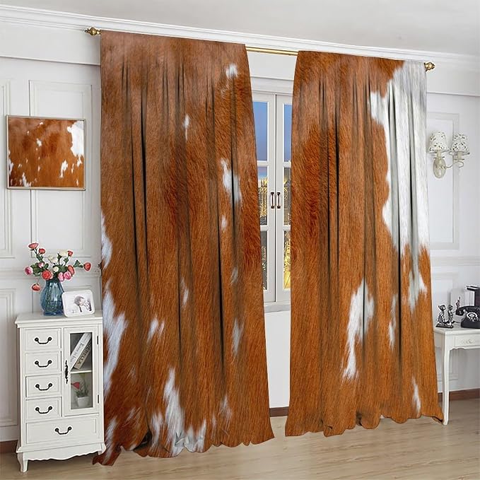 Cow Blackout Curtain,Animal Print Yellow Cowhide Aztec Rustic Farm Farmhouse Window Treatments Rod Pocket Curtain for Bedroom Living Room Kitchen Decor Drapes 42x45in