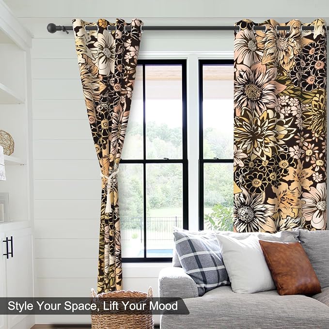 Boho Floral Blackout Curtains for Bedroom with Curtain Tiebacks, 84 Inch Long Black Out Window Drapes 2 Panels Set, Farmhouse Patterned Thermal Soundproof Privacy Grommet Living Room Curtains
