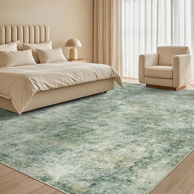 Tortania Washable 8x12 Area Rug for Living Room: Modern Abstract Neutral Large Soft Thin Rugs - Non Slip Indoor Carpet for Bedroom Dining Room Office Nursery Home Floor Decoration - Olive Green