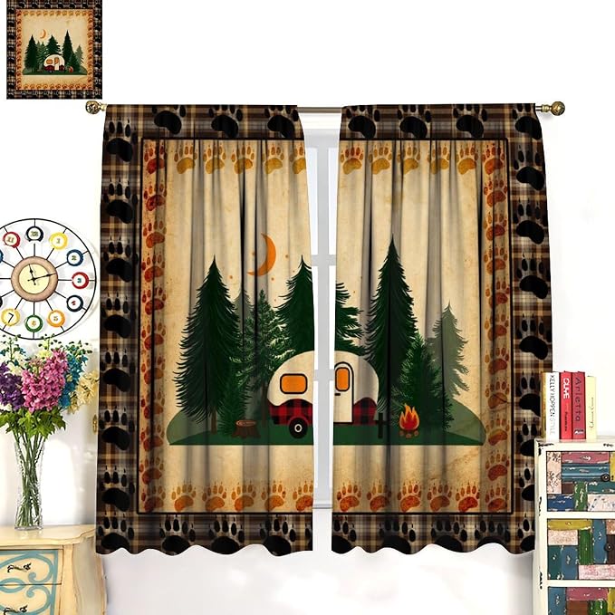 Retro Farmhouse Blackout Curtains Campervan Traveller Outdoor Caravan Decor,Rustic Cottage Forest Vintage Windows Treatments Rod Pocket Drapes for Kitchen Farm Living Room Bedroom 63x63in