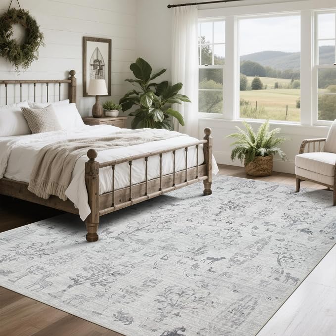 Srugn Washable Rugs 8x10 Area Rugs for Living Room,Bedroom,Dining Room- Large Ultra Soft Faux Wool Retro Carpet,Non Slip&Non-Shedding Low Pile Vintage Rug for Home Office Dorm Playroom-Tree Gray