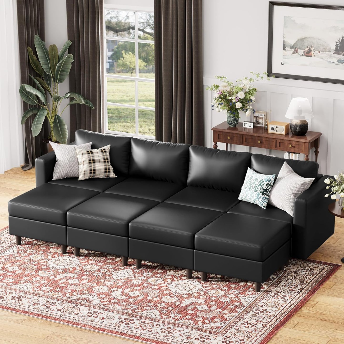 118.5" Luxury Modular Sleeper Sofa Bed with Storage Seat, 8 Seat Sectional Couch Deep Seat with Reversible Chaises & Removable Cover - Black Faux Leather