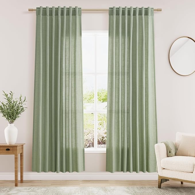 Sheer Light Sage Linen Curtains 72 Inch Length for Living Room Lightweight Door Drapes 2 Panels Set for Kids Bedroom Light Filtering Back Tab Rod Pocket Curtain for Kitchen Protect Privacy 52x72.