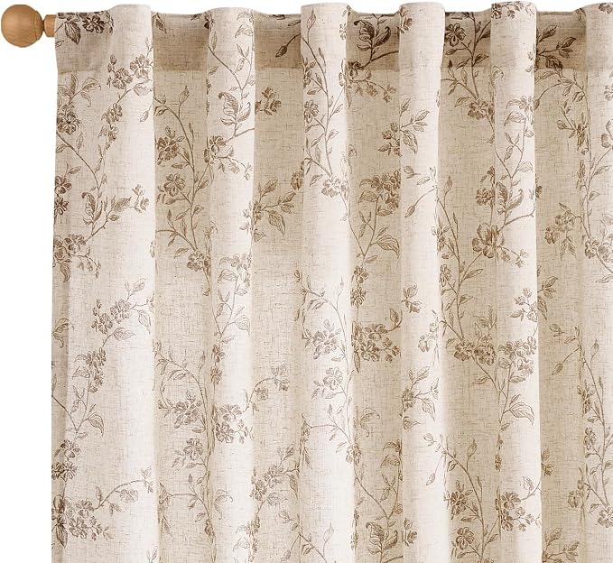 jinchan Taupe Floral Linen Curtains 90 Inch Farmhouse Back Tab 2 Panels | Flower patterned drapes, french country, light filtering, semi sheer, printed, bedroom, living room, office, window treatment