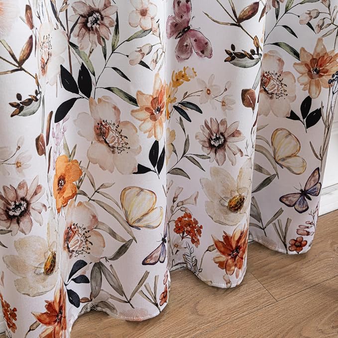 Floral Print 100% Blackout Curtains 84 inch Long 2 Panels, White Botanical Pattern Thermal Insulated Room Darkening Window Drapes, Grommet Top Privacy Curtains for Bedroom Living Room, 52"W x 84"L
