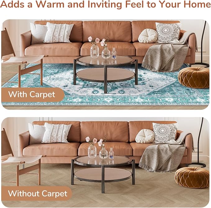 OPPODREAM Soft Area Rugs 5x7, 5x7 Washable Rug with Non Slip Backing, 5 x 7 Faux Cashmere Low-Pile Carpet, Teal & Turquoise & Cream