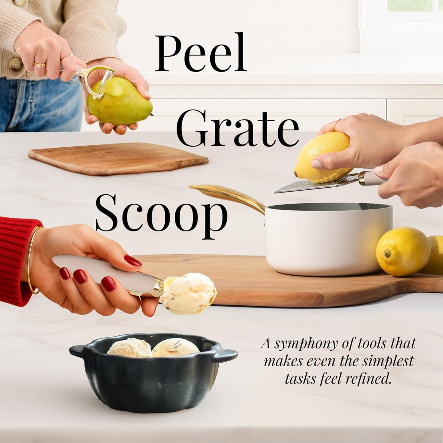 Gold and Beige Kitchen Utensils Set – 8 PC Cooking Gadgets with Mini Gold Whisk and Tongs, Pizza Cutter, Garlic Press, Cheese Grater, Peeler, Can Opener, Scoops – Stylish Beige Kitchen Accessories