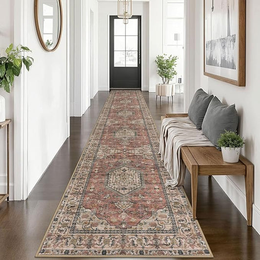 KUTA Vintage Washable Runner Rug 2.6x14, Non-Slip Hallway Kitchen Runners Terracotta with Rubber Backing, Ultra Soft Printed Medallion Extra Long 14ft Carpet Rugs Indoor for Stairs