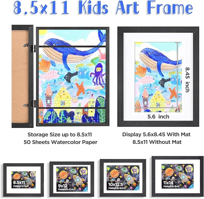 KINLINK 8.5x11 Kids Art Frame 2 Pack, Solid Wood Artwork Frames Changeable, Front Opening Hold 150 Pictures, Art Frames for Kids Artwork, 6x9 with Mat 8.5x11 without Mat, Picture Frames Black Wood