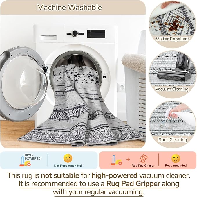 BESTSWEETIE 5x7 Area Rugs for Living Room Washable Moroccan Farmhouse Neutral Geometric Low Pile Non-Slip Soft Print Pattern Rug for Bedroom Kitchen Dining Room Entryway Grey/Black/Navy