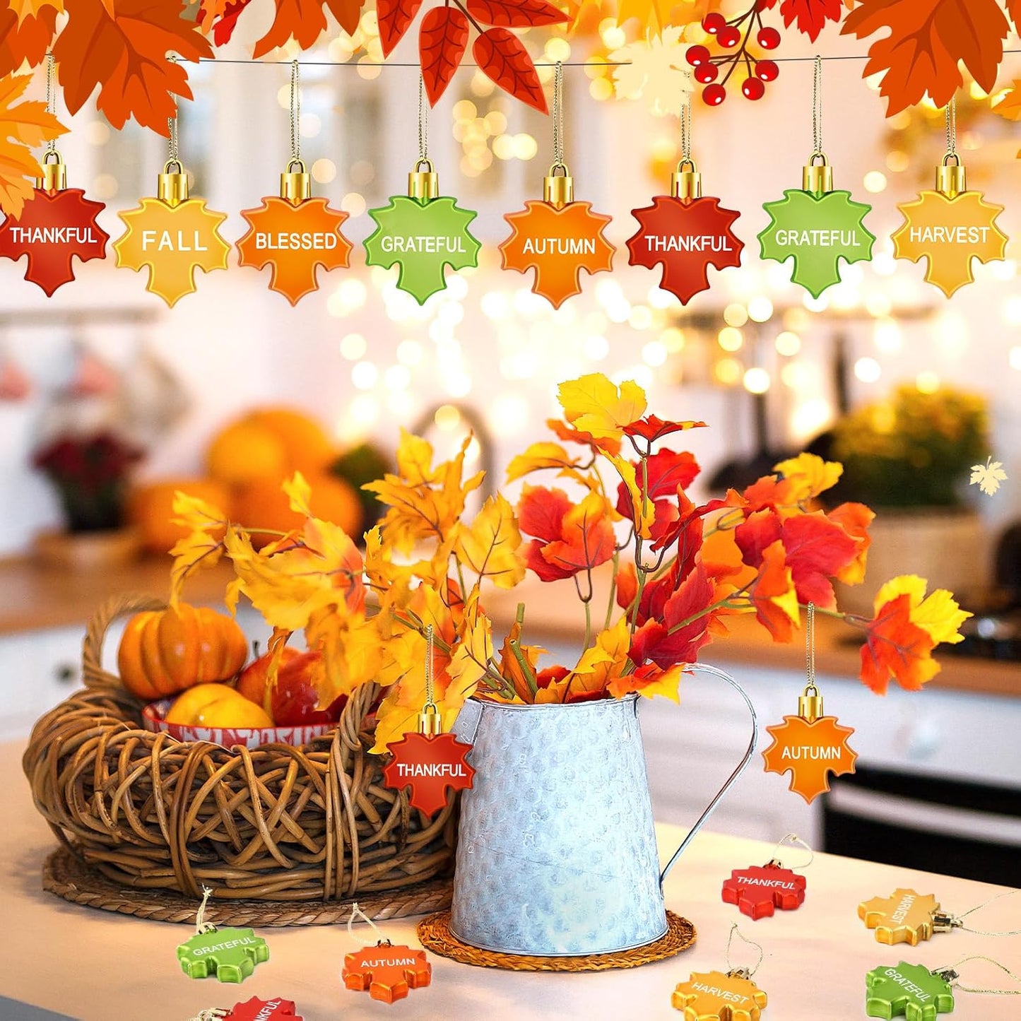 JULMELON 24Pcs Thanksgiving Ornaments, Fall LeavesTree Decorations Autumn Maple Hanging Ornaments with Rope Maple Pendant for Farmhouse Rustic Party Favors Craft Supplies