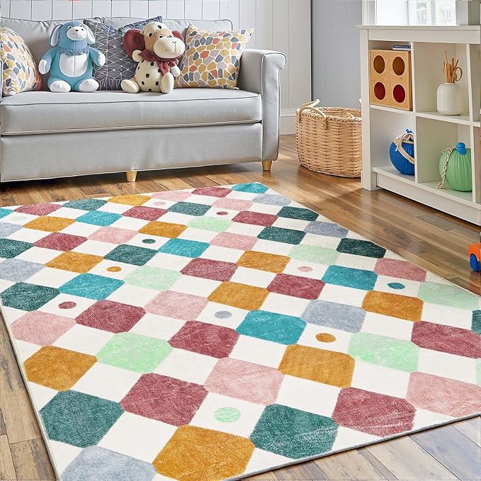 jinchan Macy 3x5 Area Rug for Kids Room Modern Colorful Checkered Diamond Nursery Rug Indoor Washable Soft Non Slip Carpet for Playroom Classroom Bedroom Dorm Daycare Living Room Confetti on Cream