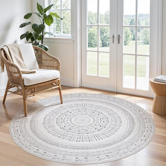 cotiled 5x5 Round Area Rugs Living Room Rug: Washable Boho Rugs with Non Slip Backing Large Soft Indoor Stain Resistant Carpet for Bedroom Farmhouse Dining Room Lightweight Home Decor Dark Grey
